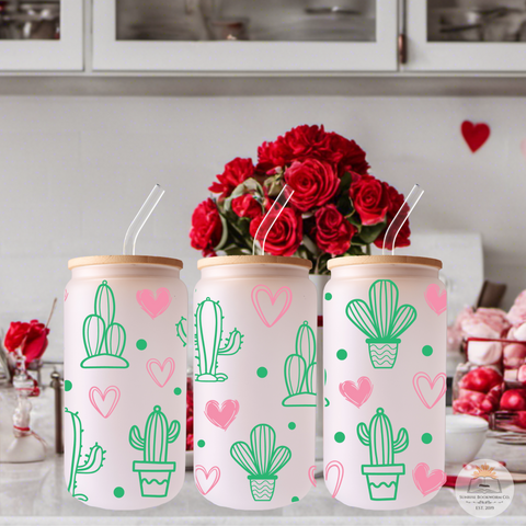 Cactus Hearts Valentine's Day - 16oz Glass Can Cup