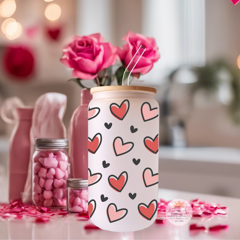 Red and Pink Hearts Valentine's Day - 16oz Glass Can Cup