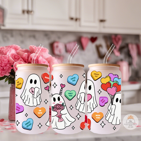 Sweet Ghosts Candy Hearts Valentine's Day - 16oz Glass Can Cup