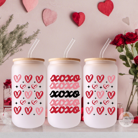 XOXO Hearts Valentine's Day - 16oz Glass Can Cup